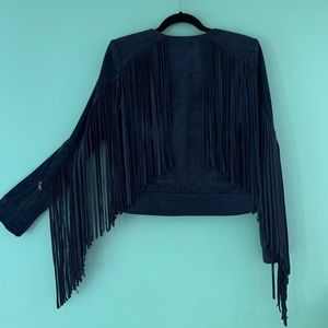BCBG Maxazria leather fringe suede zip jacket